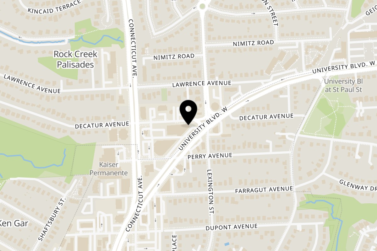 Map showing the location of Kensington Pizza & Kabob on 3701 University Blvd W in Kensington